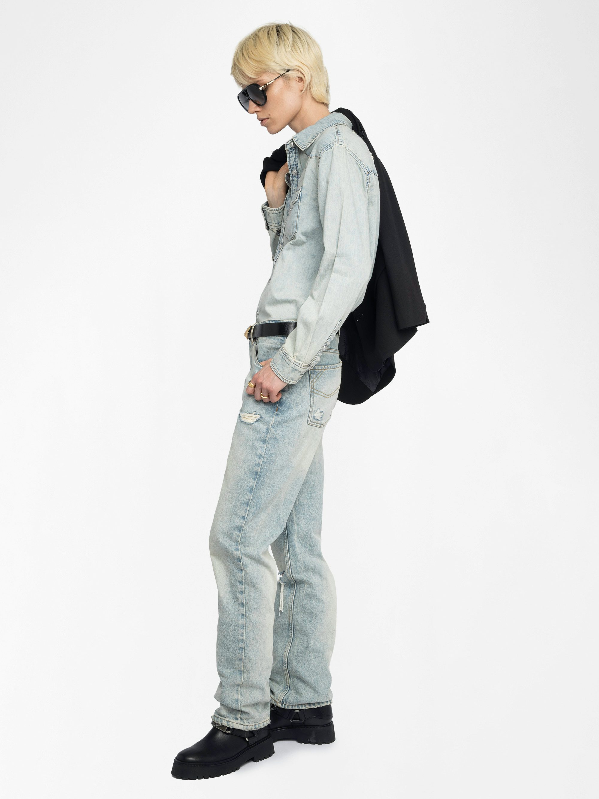 Saby Denim Shirt - Denim shirt with embroidery and studs on the back.